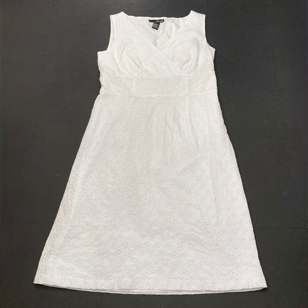 Willi Smith Eyelet Dress White Lace Womens 12 100% Cotton Sleeveless Knee Length